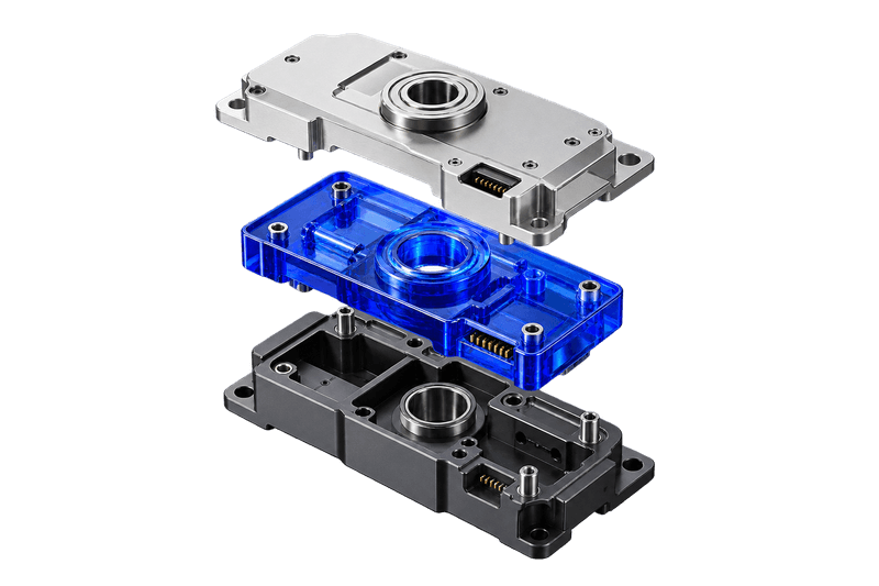 Three floating silver, cobalt glass and graphite modules